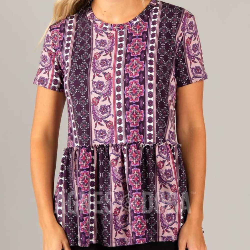 Relaxed Ruffle Tee Plum/Mauve Boho Stripe